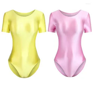 Kadın Mayo Seksi Kadınlar İpeksi Parlak Tek Parça Japon Mayo Yağlı Taytlar Shapewear Parlak Kısa Kollu Bodysuit Plus Erkekler