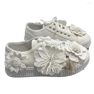 Sıradan ayakkabılar beyaz spor ayakkabılar 5 cm yüksek platform bahar çiçek tekerleği tuval düğün gelini ayakkabı rahat
