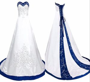 Kraliyet Mavi ve Beyaz Gelinlik Nakış Prenses Saten Bir Çizgi Dantel Yukarı Mahkeme Tren Pullular Boncuklu Uzun Ucuz Düğün Gow3829644
