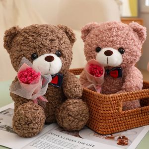 25cm Kawaii Hug Bouquet Teddy Bear Plush Toy Recheted Super Soft Bow Bow Bear Childrens Doll namorada Crianças bebê Presente de Natal 240409
