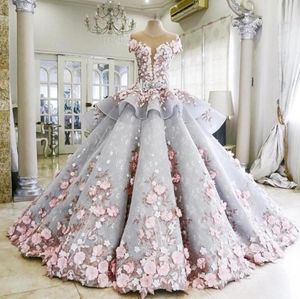 Vestidos de bola de bola real de luxo vestidos de noiva zuhair murad babados saia flores rosa sem costas Veja através de vestidos de noiva Vestido de 9166783
