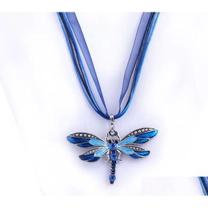 Kolye Kolyeler Toptan 6 Renk Vintage Emaye Dragonfly Kristal Organza Dize Kolye Moda Mücevher Gemi Damla Teslimat Penda Dhnn7