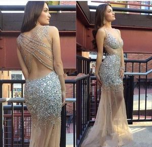 Çarpıcı Gümüş Rhinestone Crystal Boncuklu Gece Elbiseleri Lüks Şampanya Seksi Sırtsız Balo Önlükleri 2016 Kadın Pageant3498964