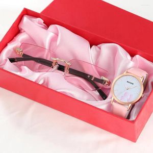 Bilek saatleri moda pembe saat gözlükleri set kadınlar rahat deri kemer saatler basit bayanlar kuvars elbise saati montre femme