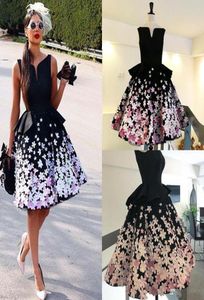 Siyah kız balo elbiseleri el yapımı 3d çiçek bir çizgi v boyun gece elbiseleri diz yüksek peplum vestidos kırmızı halı elbiseler8253251