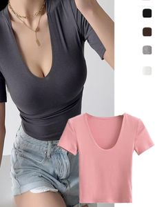 Женские футболки с сексуальными чистыми желаниями в стиле двойной овальный воротник с тонким рукавом с коротким рукавом с низким рубашкой и тонкой нижней рубашкой с высокой высокой талией