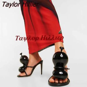 Balon dekore edilmiş sandaletler retro kırmızı yuvarlak ayak parmağı yüksek topuk sandalet gündelik moda parti bahar artı beden kadın ayakkabıları 240409