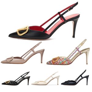 Sivri ayak parmağı ayarlanabilir kayış kadın sandaletler kutu yumuşak kapalı gündelik tasarımcı lüks stiletto topuk parti açık v logo yüksek topuklu basit stil