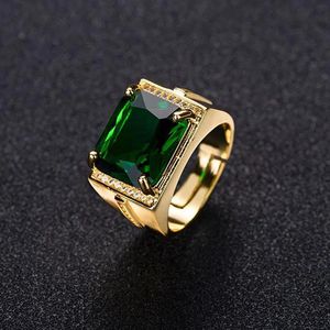 Hoyon Emerald Rings Erkek Takı Retro Tarzı Kare Etnik Yüzükler 14K Altın Renk Hediye Kutusu için Yeşil Elmas Yüzük 240412