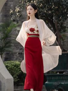 Sıradan Elbiseler Askı Elbise İki Parçalı Set Kadınlar Retro Çin Hanfu Değiştirilmiş Springsummer Suit Dailystyle Renk Eşleşen Gevşek Moda
