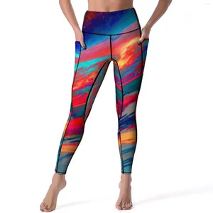 Aktif pantolon soyut gün batımı tozlukları trippy nebula baskı yüksek bel yoga tatlı elastik legging bayan fitness koşu sporu