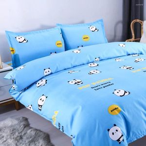 Bettwäsche -Sets Cartoon Panda Muster bequemer Polyester King Set Blue Quilt Bettdecke Abdeckung flacher Rüschenblech 2 Kissenbezug Home Textile