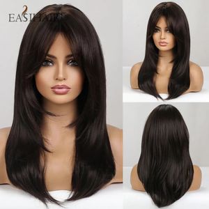 Easyihair koyu kahverengi siyah sentetik peruklar Patlamalı Orta Düz Katmanlı Doğal Kıllar Kadınlar İçin Günlük Cosplay Isı Dayanıklı 240412