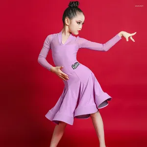 Sahne Giyim Siyah/Mor Latin Dans Elbisesi Kızlar Rekabet Kostümü Uzun Kollu Bodysuit Etek Chacha Rumba Tango Dans Kıyafetleri DL6685