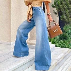 Kadınlar kot yüksek bel gevşek fit geniş bacak giysileri moda gündelik zemin sürükleme pantolonu düz renk yıkanmış büyük boynuz tipi
