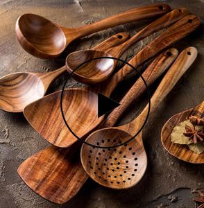 17pcset Teak натуральный деревянный посуда на грани Spoon Spoon Spoon Special Nano Soup Skimmer Cooking Spoon Wood Kitchen Tool Kit8242966
