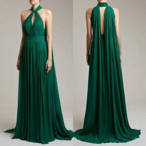 Şık uzun Halter Yeşil Balo Elbiseleri Şeridi A-line kolsuz Vestidos de Noche Piled Zemin Uzunluğu Kadınlar İçin Gece Elbiseleri
