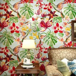 Sfondi American Rustic Red Flower Wall Papers Home soggiorno decorazioni da letto decorazioni murali Bird Palm foglie di palma da parati floreale
