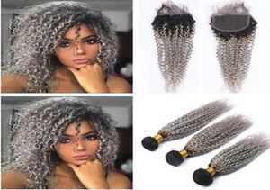 Kinky Curly 1Bgrey Ombre Malaysian Human Hair Schussverlängerungen mit Verschluss Ombre Silbergrau Haarbündel mit Spitze Closu752618074