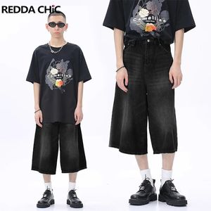 Reddacic Retro Siyah Bıyıklar Denim Şort Erkekler Sıkıntılı Yıpranmış Bol Jorts Rahat Geniş Bacak Kısa Pantolon Hiphop Y2K Street Giyim 240412