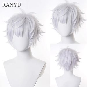 Ranyu beyaz erkekler peruk kısa düz sentetik anime saç yüksek sıcaklık fiber cosplay partisi için 240412