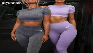 Moda logo spor seti kadın gri mor iki 2 parçalı mahsul üst yüksek bel tozluk spor egzersiz kıyafeti fitness spor salonu yoga setleri5434069