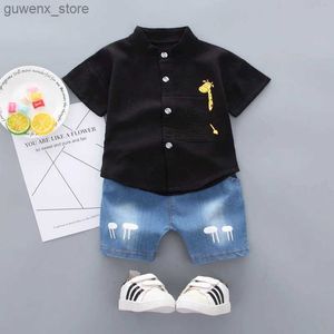 Giyim setleri yeni yaz sıcak satış toddler çocuklar erkek bebek gömlek karikatür üstleri denim şort pantolon kıyafetler set bebek kıyafetleri y240415