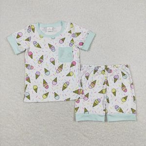 Giyim Setleri Toptan Yaz Çocukları Çocuklar Pijama Kısa Kollu Mavi Cep Gömlek Bebek Seti Seti Şort Bebek Erkek Doğum Günü Kıyafet