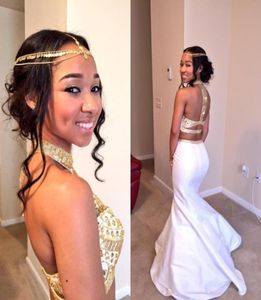 Rachel Allan Deniz Kızı Prom Elbiseler Yular Boyun Kristal Boncuklu Tafta Beyaz ve Altın Arka Çıkmaz İki Parça Uzun Resmi Akşam Elbisesi1654986