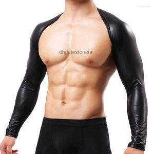 Мужские рубашки Man Black Faux Leather Linershirt Mesh Men Men Crop Tops Gay сексуальные длинные рукава борца борца майки