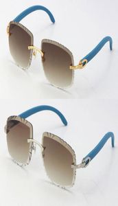 Rimless C Dekorasyon Mavi Ahşap Güneş Gözlüğü Erkek Kadınlar Ahşap Armut Şekli Yüz Gözlükleri UV400 Çok Molor Seçim Lens 18K Altın Erkek1955216