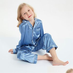 Pijama kızlar kızlar saten set ipek pjs uzun kollu çocuklar 2 adet pijama düğmesi-down-loungewear damla dağıtım bebek, maternit dhmrr