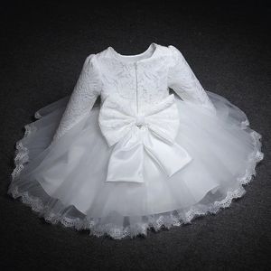 Kız kızlar uzun kollu elbiseler Noel partisi düğün dantel büyük yay elbiseler bebek kız 1. doğum günü prenses beyaz vaftiz elbise 240412