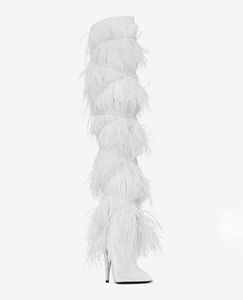 Botlar Özel Yapım Kış Diz Yüksek Topuk Pist Kadın Ayakkabı Sıcak Perçin Kuş Tüy Fashon Party 10 CM7923728