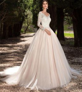 Tül Uzun Kollu Allık Renkli Gelinlik Vneck Balo Gown Aplikes Dantel Casamento Gelin Gowns Illusion Sırt Bestido de Noiva7225384