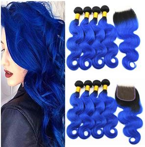 Mavi Renk Vücut Dalga Saç Uzantıları 4x4 Saç Kapanma Parçası ile 3 veya 4 Paket Brezilya 100 Bakire İnsan Saçı Dokuma 1018I28023056444771