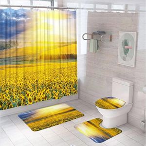 Duş Perdeleri Ülke Alanı Sarı Ayçiçeği Perde Set Çiçek Gün batımı Saha Manzara Banyo Banyo Mat Halı Halı Tuvalet Kapak