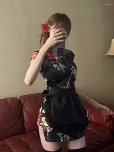 İş elbiseleri vintage Çin tarzı cheongsam y2k Seksi ince bel elbisesi kadınlar için 2024 yaz kısa kollu siyah önlük setleri