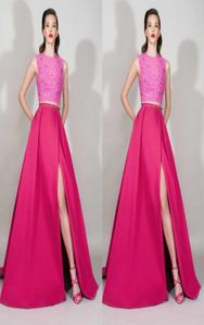 Zuhair Murad 2016 Fuchsia Lace und Satin Two Stücke Abendkleider sexy Split Seite mit Pailletten -Promkleidern Custom Made China EN1217402508