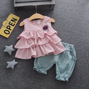 Şort 03 Yıl Yenidoğan Bebek Kız Giysileri Yaz kolsuz şifon üstleri ve şort 2 adet sevimli küçük prenses takım elbise bebek giyim setleri