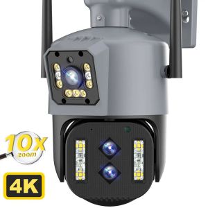 Система IP -камера на открытом воздухе 8MP 4K HD 10x Optical Zoom Wi -Fi Ptz Camera Три объектива двойной экраны Автоматическое отслеживание аудио.