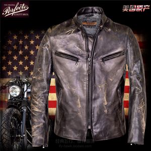 Erkek Ceketler Amerikan Schott Bronz Siyah Deri Cowhide Stand-Up Motosiklet Ceket