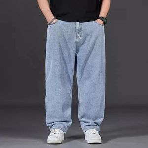 Büyük boy kot pantolonlar bahar sonbahar gündelik gevşek düz denim pantolon artı beden geniş bacak elastik bel pantolon için şişman adam 240415