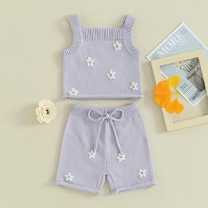 Giyim Setleri Kolsuz Kintted Bebek Kızlar Yaz Kıyafetleri Prenses Daisy Çiçek Tığ Tankları Tops Elastik Şortlar 2 PCS Set Toddler Giysileri