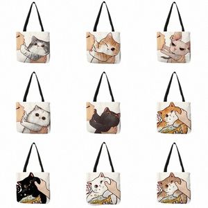 komik sevimli öpüşme kedi baskı rahat tote çanta eko keten bez çanta kadın bayanlar açık plaj için büyük yeniden kullanılabilir dükkan çantası 02km#