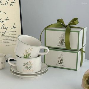 Kupalar Koreli Ins Çiçek Kahve Kupa Set Seti Yüksek kaliteli vintage ikindi çay bardağı kek yemeği ev kullanın seramik fincan hediye kutusu