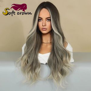 Bayanlar için yeni orta uzunlukta dalgalı dantel peruk başlığı gradyan vurgular kahverengi pembe mor saç kız cosplay sentetik peruk