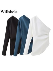 Willshela Women Fashion Satin Solid Solid Vintage vintage One-Shoulder Lun Long Neck Asimmetrical Neck Female Chic Lady Tops 240407