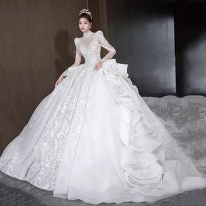 2024 artı boyutu elbise prenses gelinlik yüksek boyun kristalleri boncuklu illüzyon çiçek uzun kollu ışıltılı kristal kabarık etek gelin elbise parlak elbise ev elbise