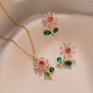Серьги ожерелья набора красочных цветочных цирконов и подвесных ожерелий для женщин для женщин из нержавеющей стали свадьба невесты свадьба